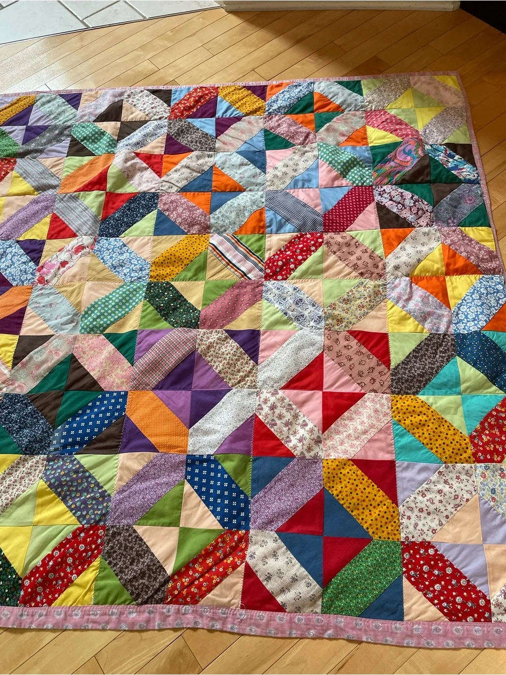 70’s Handmade Machine Zig Zag Stitch Multi Colored Patchwork Throw Lap Quilt